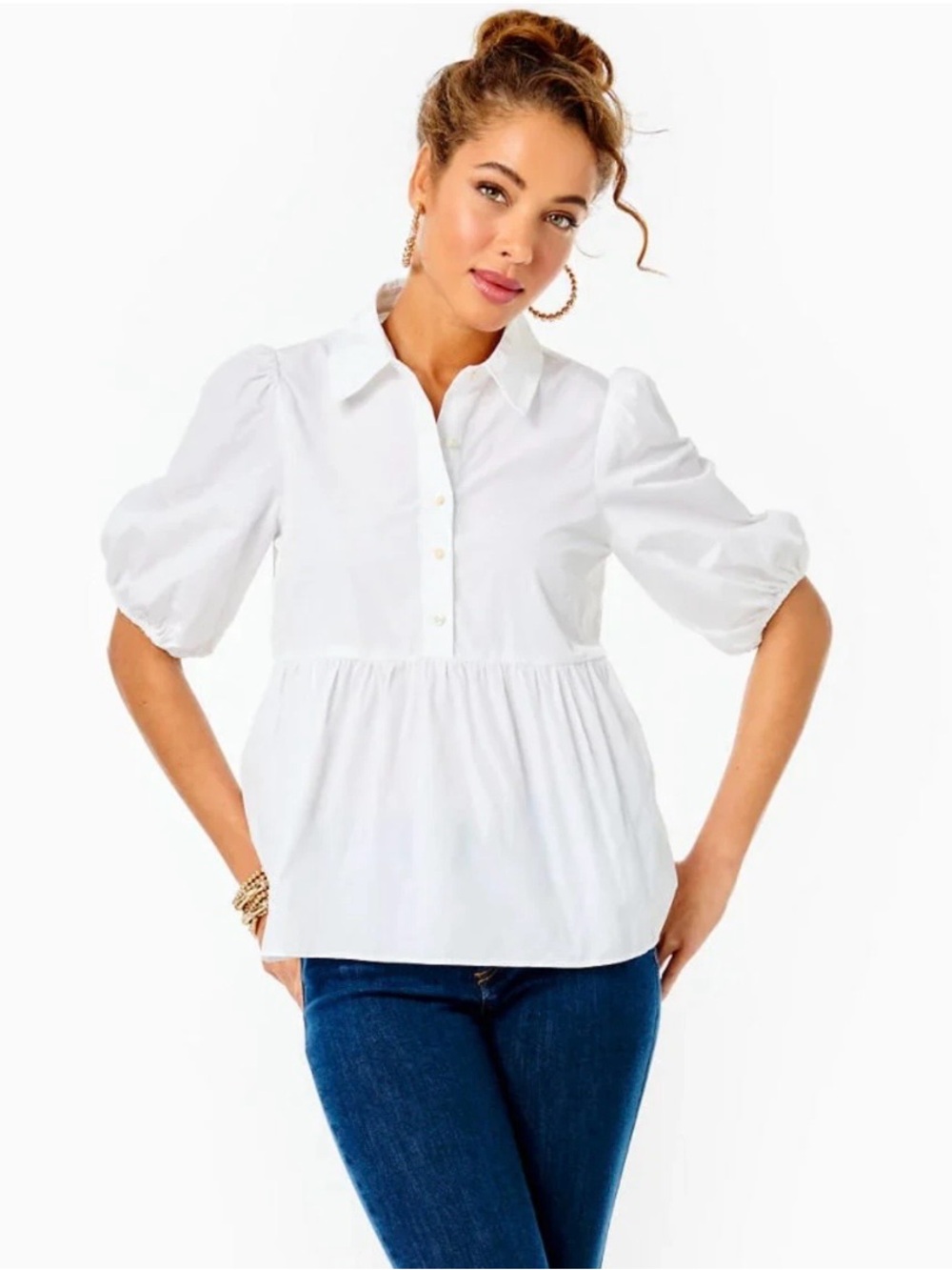 Lilly Pulitzer Puff-Sleeve Peplum Button Blouse